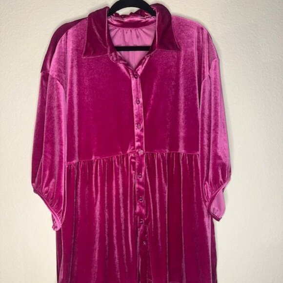 No Brand Magenta Velvet Button Down Plus Mini Dress - Picture 1 of 8